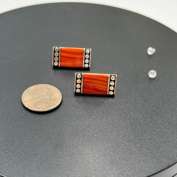 B Designer Vintage Art Deco Sterling Silver and Red Coral Rectangular Earrings - Picture 6 of 9
